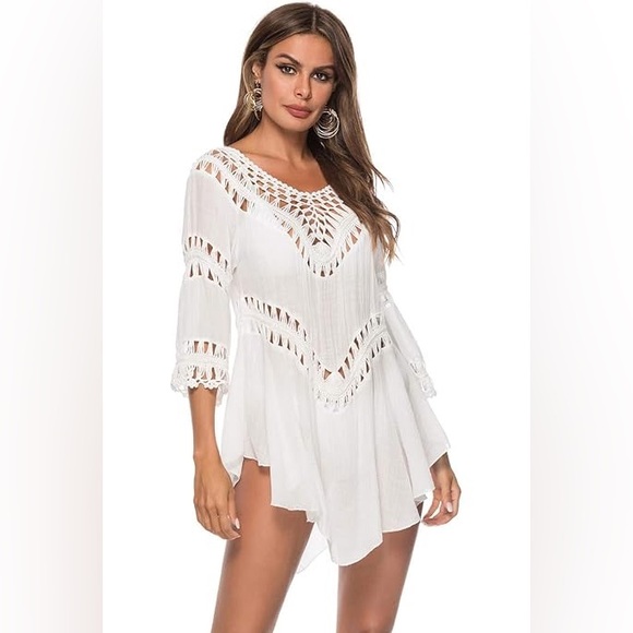 LA class Tops - LA Class Crocheted Double V-Neck Oversized White Sheer Crepe Longline Top NWT M
